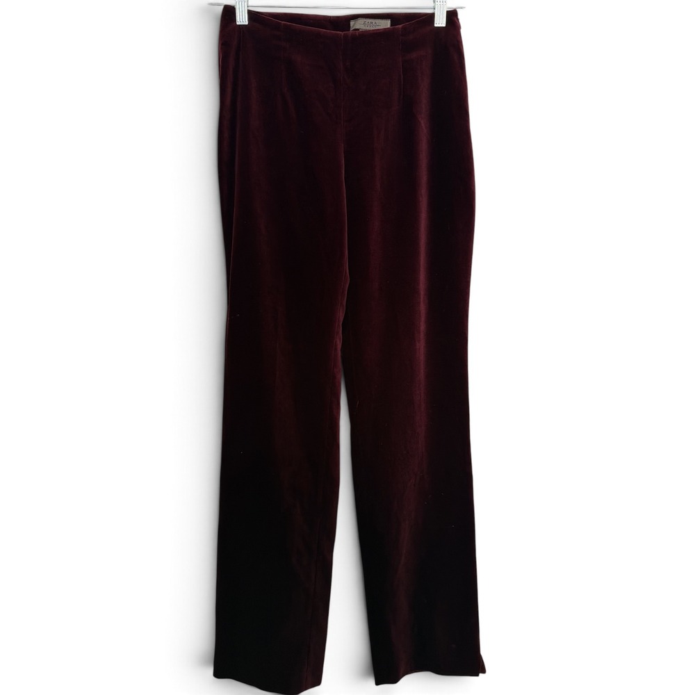 Zara Woman Burgundy Velvet Straight Leg Trousers Side Zip Side Slit Wine Red 8